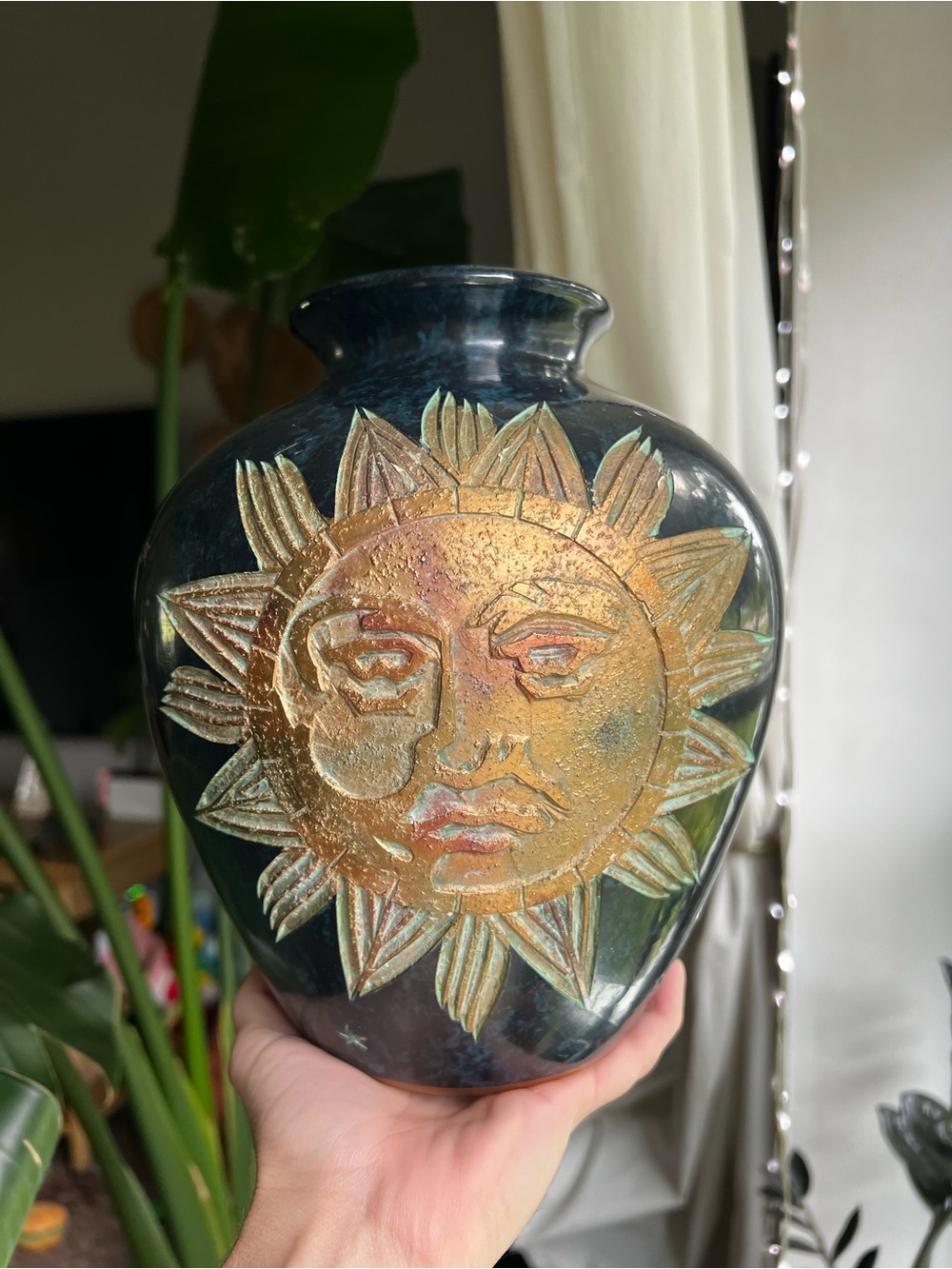 Gold Moody Sun Moon & Stars Ceramic Celestial Engraved Vase